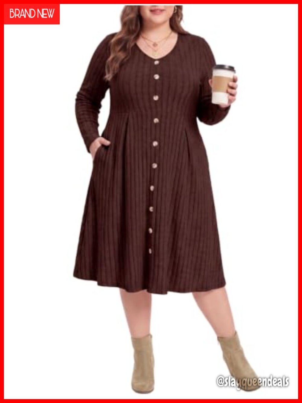 Plus Size Sweater Dress Long Sleeve Midi Knit with Pockets